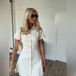 Zara mini dress pleated skirt collar button up ivory casual classic old money